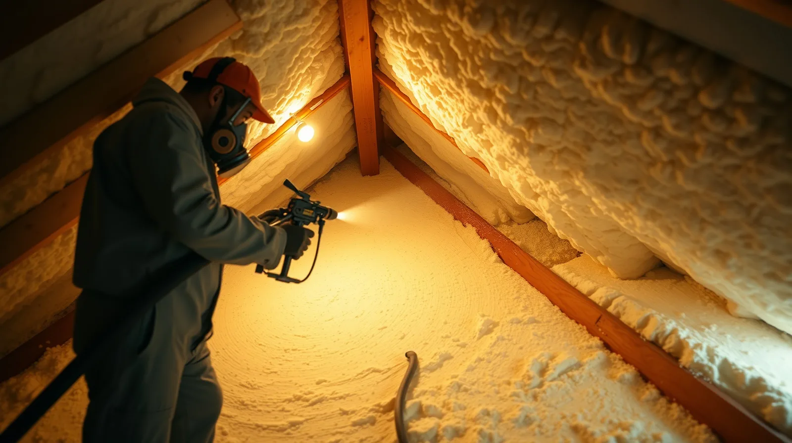 Technician spray-applying closed-cell spray foam insulation into an attic roof deck