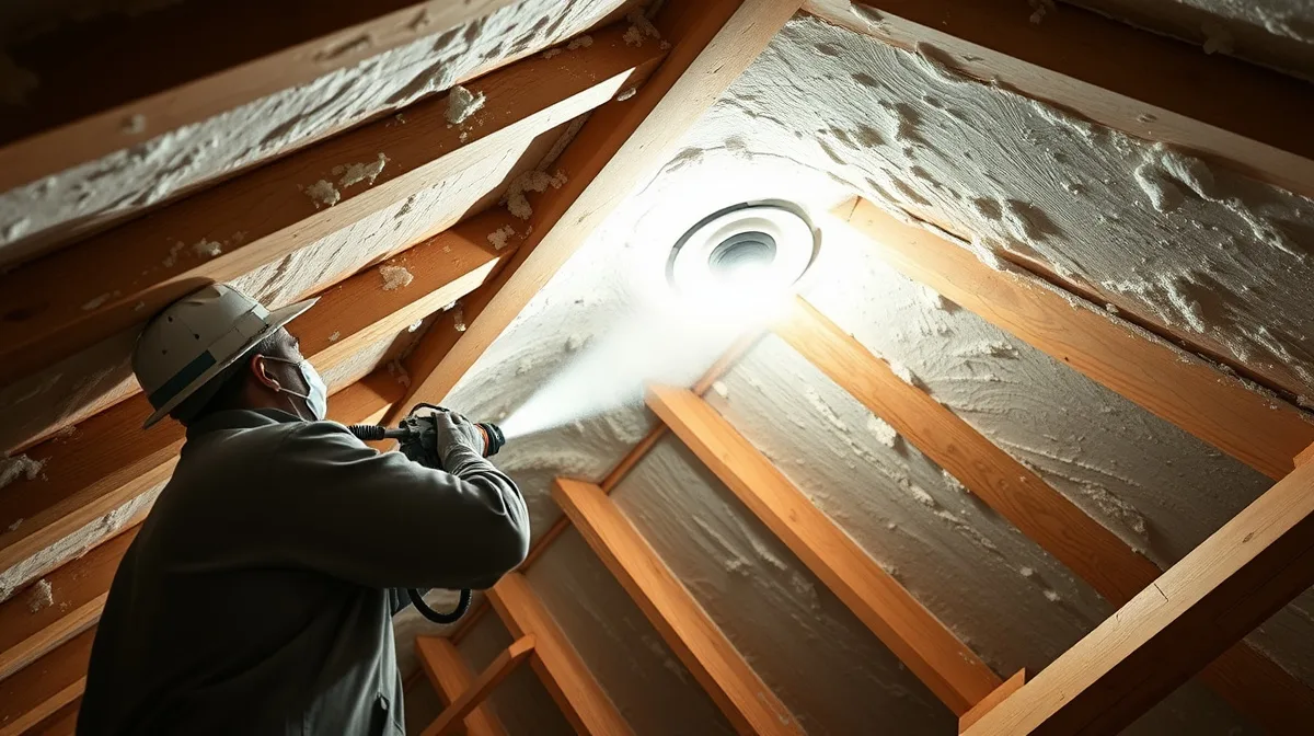 Technician spraying foam insulation onto an attic roof deck